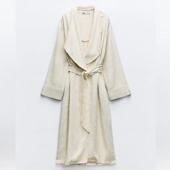 Zara Trench Coat M/L NWT Linen Frayed Rustic Minimalist Light Beige Neutral Belt